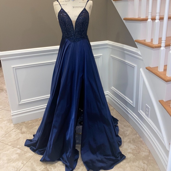 Faviana Sheer Blue Prom Dress - Picture 6 of 14